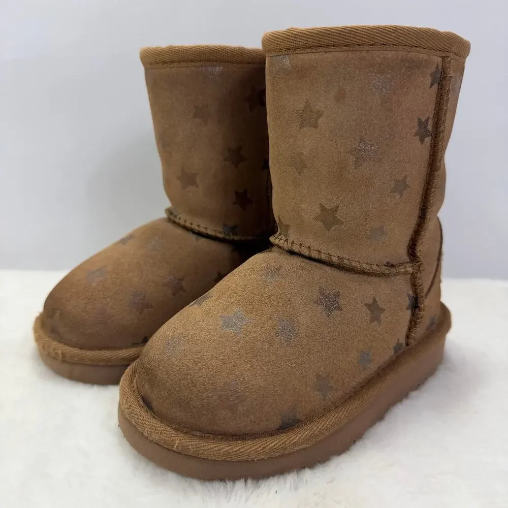 UGG Kids Classic Short II Stars Brown Suede Shearling Winter Boots Size 7